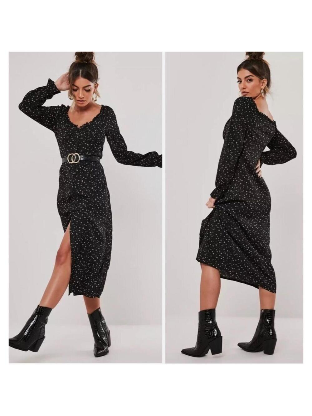 Missguided Ditsy Floral Milkmaid Midi Dress Black Size 2 Whimsical Goth